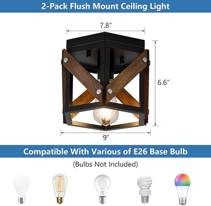 XSDeTu 2 Pack Farmhouse Flush Mount Ceiling Light, Rustic Hallway Light Fixtures Ceiling, Vintage Black Lighting Fixtures with Metal and Wood Cage, Small Chandelier for Kitchen Sink Entryway Bathroom