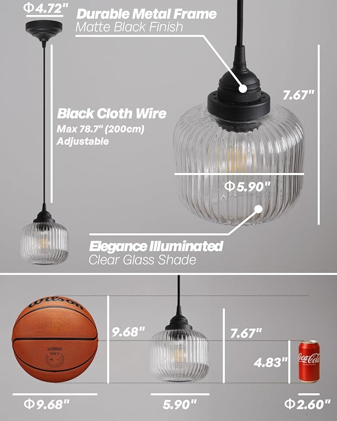 Vintage Ceiling Pendant Light with Clear Ribbed Glass Lampshade, Industrial Globe Hanging Light Fixture for Kitchen Island Hallway Dining Room Stairway