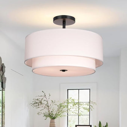 FRIDEKO HOME 3 Light Semi Flush Mount Ceiling Light Modern Close to Ceiling Light Fixture with 2-Layer Fabric Shade Light Fixtures Ceiling Mount for Bedroom Living Room Kitchen Foyer Hallway