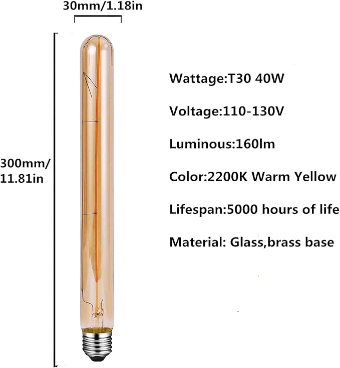 T30 Tubular Edison Light Bulb 40W Amber Vintage Edison Bulb Incandescent Filament Bulb T300 E26 2200K Dimmable Antique Golden Tinted Glass Bulb for Wall Sconce Pendant Lighting(4 Pack)