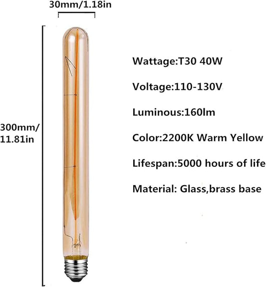 T30 Tubular Edison Light Bulb 40W Amber Vintage Edison Bulb Incandescent Filament Bulb T300 E26 2200K Dimmable Antique Golden Tinted Glass Bulb for Wall Sconce Pendant Lighting(4 Pack)
