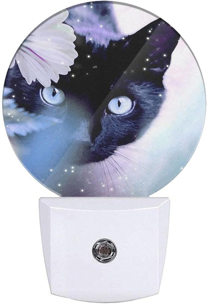 EKOBLA Cat & White Flower Plug-in Night Light, Black Kitten Hiding Behind Floral LED Nightlight with Auto Sensor for Home Decor