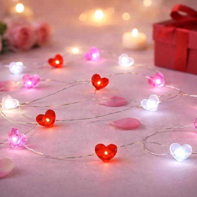 BOHON Valentine Day Decorations, 13 ft 40 LEDs Heart Lights String, Red White Pink Fairy String Lights Battery Operated, Valentines Decor for The Home Galentines Day Indoor Garland Party with Timer