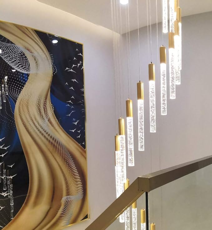 HAIXIANG 118" High Ceiling Chandelier Linear Crystal Pendants, Remote Dimmable, Compatible Sloped Ceilings, 12-Light Gold, 60 Watts LED, 4800 Lumens