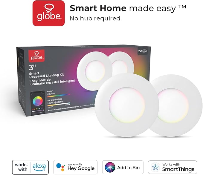 GLOBE Electric 50466 Wi-Fi Smart 3" Ultra Slim LED Recessed Lighting Kit 2-Pack, No Hub Required, Voice Activated, 7 W, Multicolor Changing RGB, Tunable White 2000K - 5000K, 390 Lumens, Wet Rated