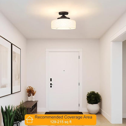 Daunton Black Semi Flush Mount Ceiling Light with Hand-Carved Design - 12 Inch Vintage White Glass Shade with Etched Patterns, Easy Install 3-Light Fixture for Hallway, Kitchen, Bedroom