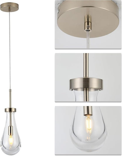 Brushed Nickel Pendant Light Fixtures, Teardrops Pendant Lights,Glass Pendant Lights Kitchen Island,1-Light Raindrop Pendant Lighting, for Kitchen Island,Dining Room,Bedroom, Bathroom