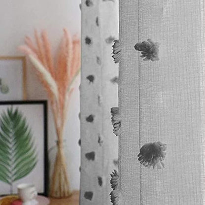 MYSKY HOME Grey Sheer Short Curtains for Kitchen 54 inch Long with Pom Pom Small Windows Bedroom Nursery Kids Girls Room Curtains Cafe Light Filtering Boho Drapes, Rod Pocket,52" Wide, 2 Panels