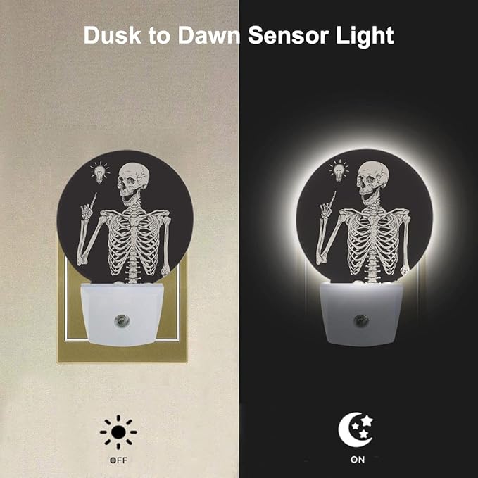 EKOBLA Skull Plug-in Night Light, Rock Music Pose Skeleton LED Nightlight with Auto On/Off for Halloween Holiday Gifts