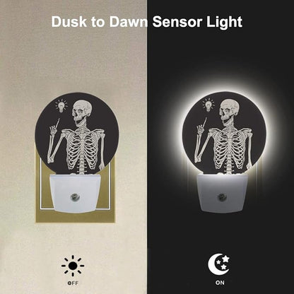 EKOBLA Skull Plug-in Night Light, Rock Music Pose Skeleton LED Nightlight with Auto On/Off for Halloween Holiday Gifts