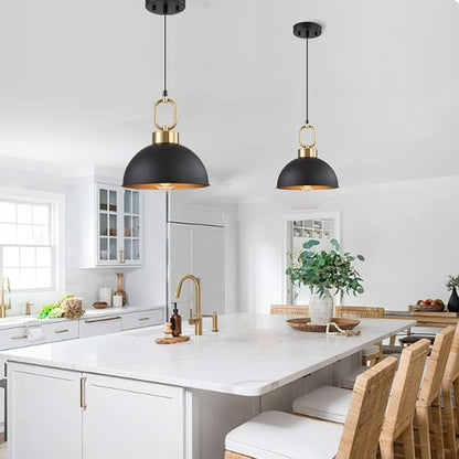 2 Pack Black Pendant Lights Kitchen Island, 10'' Farmhouse Industrial Pendant Light Fixtures, Adjustable Height Modern Dome Hanging Light for Kitchen Dining Room Entryway Bar