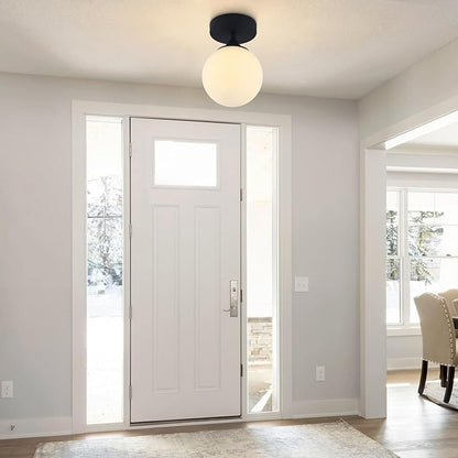 KCO Lighting Mid Century Modern Semi Flush Mount Ceiling Light Fixture White Globe Flush Mount Ceiling Light Farmhouse Black Ceiling Light Milk Glass Hallway Close to Ceiling Light