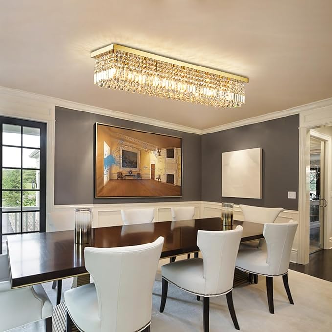 Siljoy Modern Gold Crystal Chandelier for Dining Room, 8-Light Rectangular Flush Mount Crystal Raindrop Chandelier, Luxury Dimmable Crystal Ceiling Light for Living Room Hallway Bedroom L40''