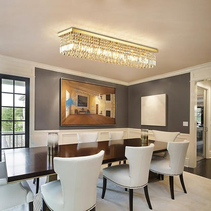 Siljoy Modern Gold Crystal Chandelier for Dining Room, 8-Light Rectangular Flush Mount Crystal Raindrop Chandelier, Luxury Dimmable Crystal Ceiling Light for Living Room Hallway Bedroom L40''