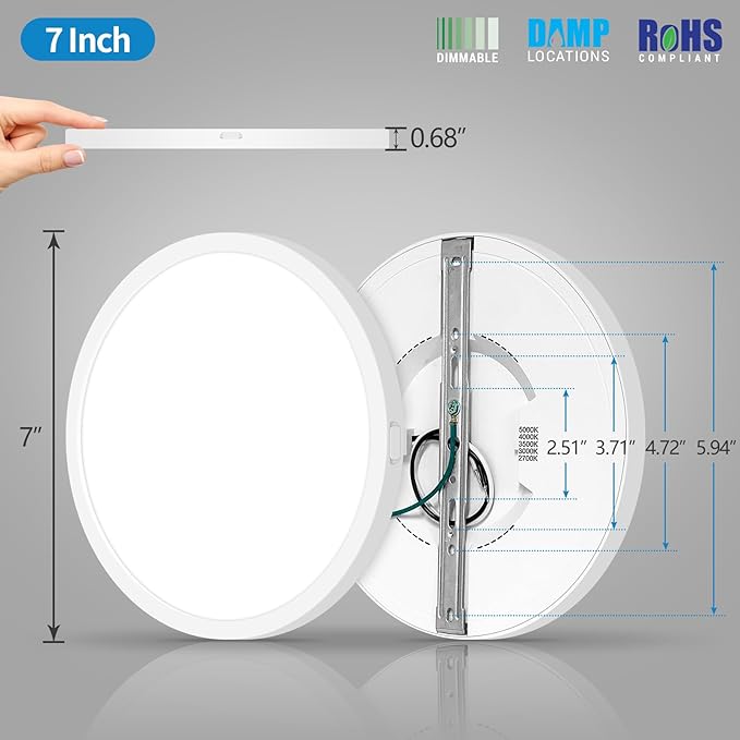 mw 7 Inch Flush Mount LED Ceiling Light Fixture, 14W, Dimmable, 2700K/3000K/3500K/4000K/5000K Selectable,90+ CRI, Low Profile Ceiling Light for Bedroom Hallway, ETL Certification