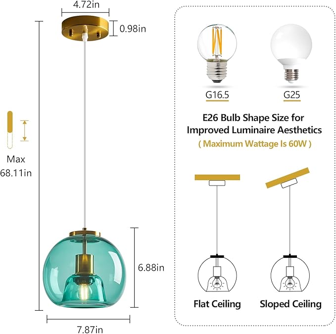 Light Blue Glass Pendant Lights Kitchen Island Gold Hanging Light Fixture Glass Globe Pendant Light Modern Pendant Lighting for Kitchen Island Bedroom Dining Room (7.87", 2 Pack)