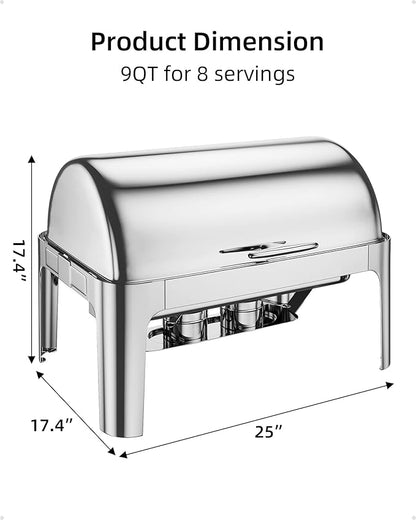Takywep 9QT Rectangular Roll Top Chafing Dish Buffet Set,Catering Food Warmer with 1 Full Size & 2 Half-Size Pans for Parties Catering
