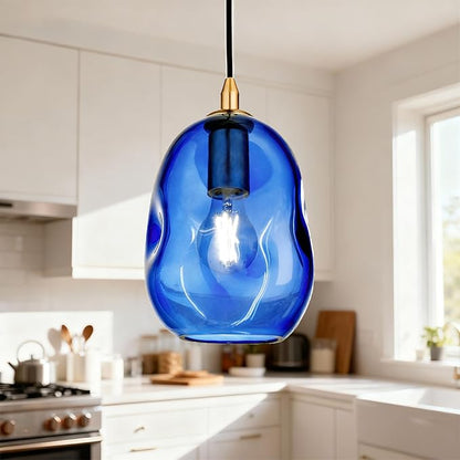 Pendant Lights Kitchen Island Adjustable Organic Globe Modern Gold Ceiling Hanging Light Fixtures for Bar, Counter, Porch, Patio, Over Sink Dining Room,Table 8.5'' Height -Blue