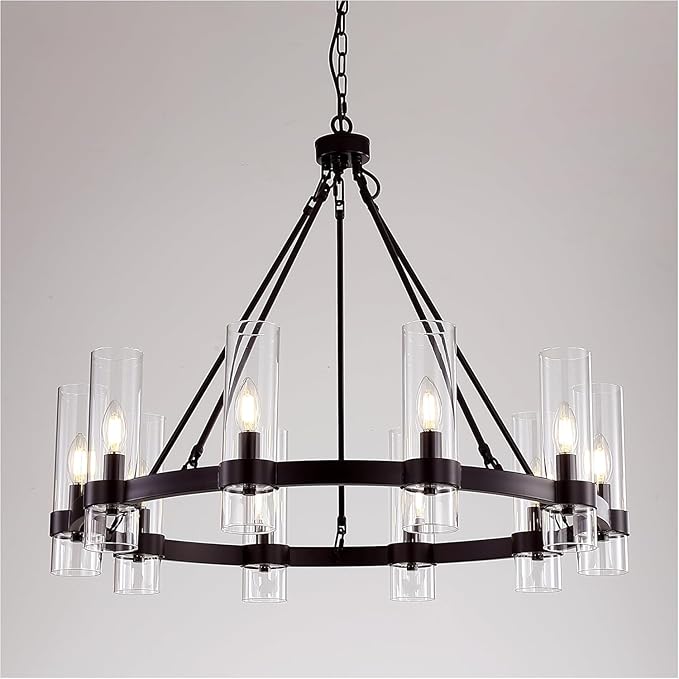 32 Inch Black Wagon Wheel Chandelier with Glass Shade, 10 Lights, Modern Farmhouse Style, Ideal for Dining Room, Kitchen, Entryways