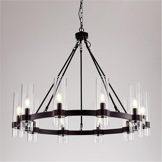 32 Inch Black Wagon Wheel Chandelier with Glass Shade, 10 Lights, Modern Farmhouse Style, Ideal for Dining Room, Kitchen, Entryways