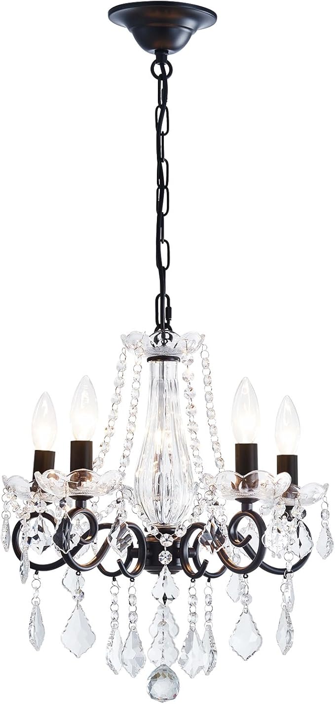 Crystal Chandelier, 5-Light Chandelier for Dining Room Light Fixture, K9 Crystal Pendant Ceiling Light Fixture, Modern Candle Chandelier for Living Room Kitchen Island Entryway Bedroom (Black)