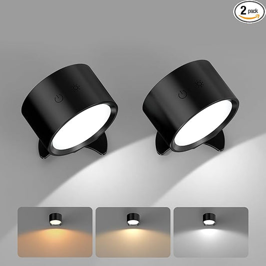 Smiling Shark Wireless Wall Lights, Rechargeable Wall Lights LED Set of 2 360° Rotate Magnetic 3 Color & 4 Brightness Stepless Dimming Adhesive Rechargeable Wall Sconces for Bedroom Bedside, Black