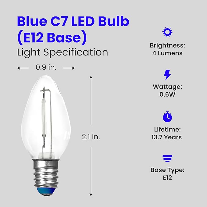 Feit Electric BPC7/B/LEDG2/2/6 7W Equivalent 0.5 Watt Candelabra Base Holiday Party Decorative LED C7 Light Bulb, 2.15" H x 1" D, Blue, 12