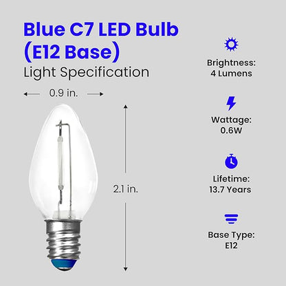 Feit Electric BPC7/B/LEDG2/2/6 7W Equivalent 0.5 Watt Candelabra Base Holiday Party Decorative LED C7 Light Bulb, 2.15" H x 1" D, Blue, 12