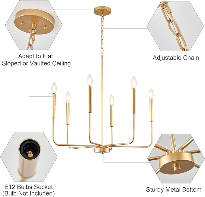 Modern Gold Chandelier for Dining Room,Metal 6-Light Kitchen Light Fixtures,Farmhouse Candle Hanging Pendant Light for Living Room Entryway Foyer Bedroom (Bulb Not Included)