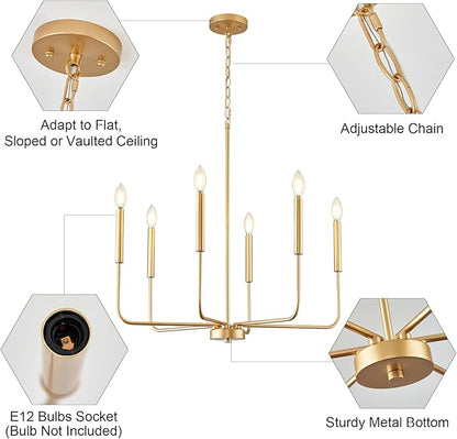 Modern Gold Chandelier for Dining Room,Metal 6-Light Kitchen Light Fixtures,Farmhouse Candle Hanging Pendant Light for Living Room Entryway Foyer Bedroom (Bulb Not Included)