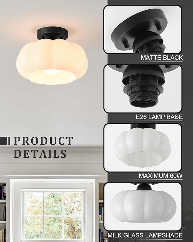 Vintage Semi Flush Mount Ceiling Light,Mid Century Modern Ceiling Lights,10 Inch Milk White Glass Shade with a Black Base,for Bedroom,Kitchen,Hallway,Entryway