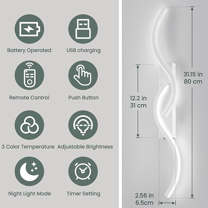 Modern Battery Operated Wall Sconces, Rechargeable Wall Sconces, 3000K-6500K LED Wireless Wall Light, Modern Wall Lamp not Hardwired for Living Room Bedroom Hallway (White)