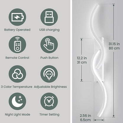 Modern Battery Operated Wall Sconces, Rechargeable Wall Sconces, 3000K-6500K LED Wireless Wall Light, Modern Wall Lamp not Hardwired for Living Room Bedroom Hallway (White)