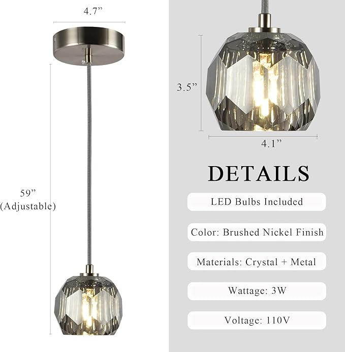 Raindrop Farmhouse Chandelier, Single 1 Light Smoke Crystal Pendant Lights, Modern Nickel Small Hanging Lamp for Dining Room Bedroom Kitchen Island Bathroom