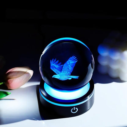 YWHL 3D Eagle Figurines Crystal Ball with Colorful Light Base, Laser Engraved Eagle Statue Sphere Gifts for Women Men, Animals Collection Ball Home Decor(80mm)