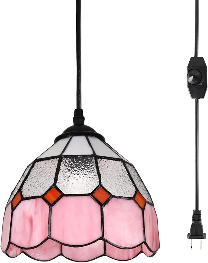 HuisMier Tiffany Hanging Pendant Light, Dimmable Pink Mini Plug in Light Fixture with 15 Ft Hanging Cord, Stained Glass Hanging Lamp for Bedroom Kitchen Dining Room Office, 7.9" Width