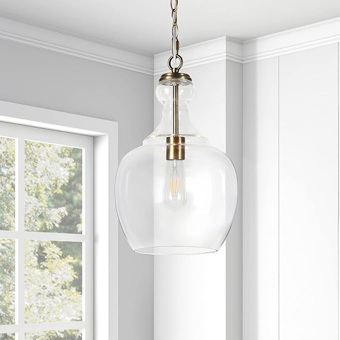 Henn&Hart 11" Mid-Century Modern Pendant Light Fixture with Clear Glass Dome Shade and 6' Adjustable Cord for Kitchen Island, Dining Room or Game Room, Brass