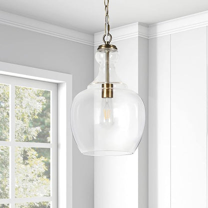 Henn&Hart 11" Mid-Century Modern Pendant Light Fixture with Clear Glass Dome Shade and 6' Adjustable Cord for Kitchen Island, Dining Room or Game Room, Brass
