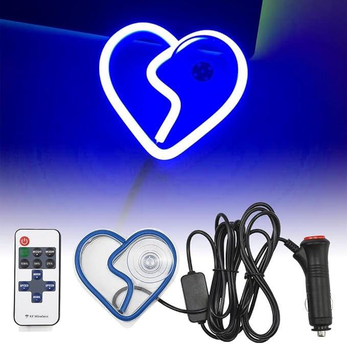 XhuangTech Car LED Signs Neon Ambient Light, Triangle or Back Window Sign Lights, Interior Atmosphere Lamp for Car Decor (Blue Heart Shaped)
