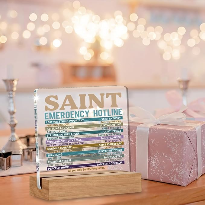 Catholic Gifts for Women Men, Christian Religious Gifts for Women Men Chaplain Coworker Friend Bestie Sister, Saint Emergency Hotline Sign, Saint Prayer Gift Acrylic Plaque Home Office Desk Decor