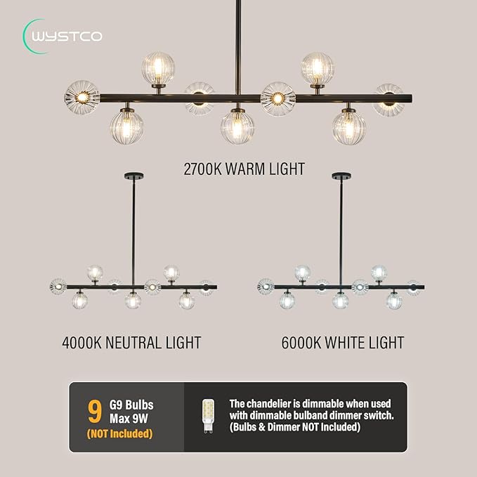 Mid Century Modern Glass Globe Sputnik Chandelier, 9-Light Linear Chandeliers for Dining Room, Kitchen Island, Living, Dining Room Light Fixture Over Table, Black and Clear Bubble, 40 Inch