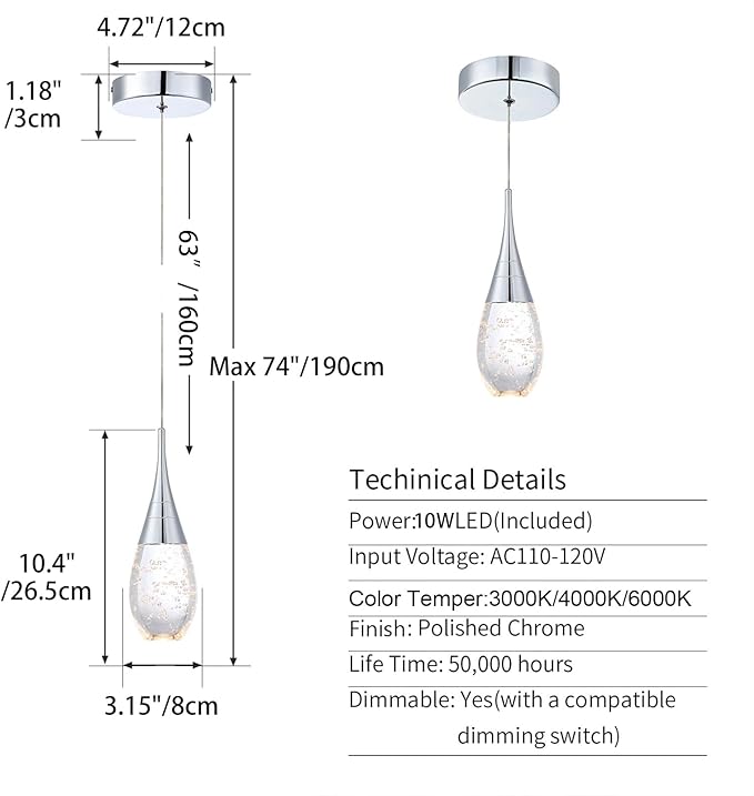 JoollySun Mini Crystal Pendant Light: 1-Light Teardrop Dimmable 3-Color(3000K-6000K) LED Pendant for Kitchen Island Bathroom - Polished Chrome