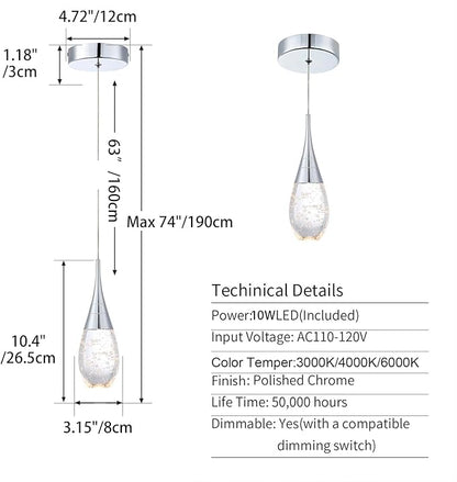 JoollySun Mini Crystal Pendant Light: 1-Light Teardrop Dimmable 3-Color(3000K-6000K) LED Pendant for Kitchen Island Bathroom - Polished Chrome