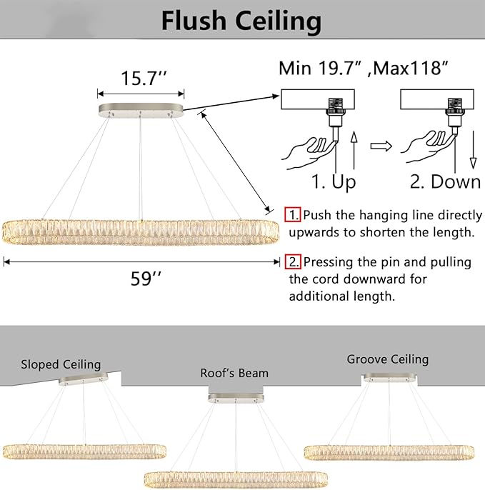HAIXIANG Crystal 59 Inch Long Chandelier Modern Dimmable LED Chandeliers for Dining Table Pendant Lights Rectangular Glam Lighting Fixtures for Dining Room Kitchen Island Silver