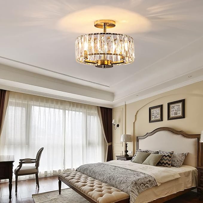 Gold Crystal Semi Flush Mount Chandeliers, 12.5” K9 Crystal Chandeliers 3-Light Ceiling Metal Pendant Fixture E12 Base for Living Room Bedroom Kitchen Island Hallway Dining Room …