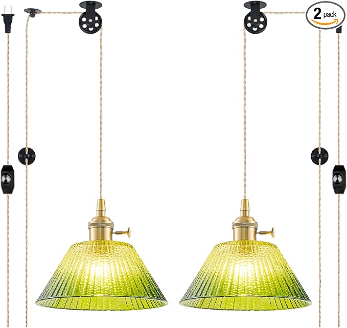 Plug in Pendant Light Vintage 2 Pack, Dimmable Pulley Hanging Lamp with Gradient Green Glass Shade, Brass Hanging Lights with Plug in Cord, Gold Plug in Hanging Light Fixture for Living Room Ceiling