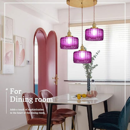 3-Light Glass Globe Chandelier Kitchen Island Mid Century Modern Ceiling Pendant Light Purple Striped Shade Gold Hanging Lights Fixture Multi Light Cluster Chandeliers Dining Room