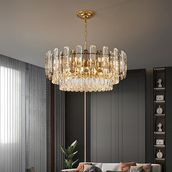 Gold Crystal Chandelier 23.6" Modern Crystal Pendant Light 3-Tier12-Light Ceiling Pendant Light Fixture for Dinning Room Living Room Foyer