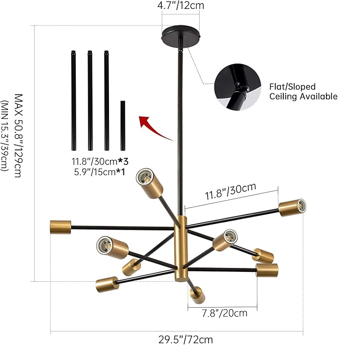Sputnik Chandeliers Modern Black and Gold Chandeliers 10-Light Mid Century Farmhouse Chandelier Ceiling Light Fixture Height Adustable Pendant Light for Kitchen Island Living Room Dining Room