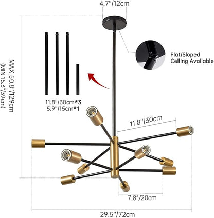 Sputnik Chandeliers Modern Black and Gold Chandeliers 10-Light Mid Century Farmhouse Chandelier Ceiling Light Fixture Height Adustable Pendant Light for Kitchen Island Living Room Dining Room